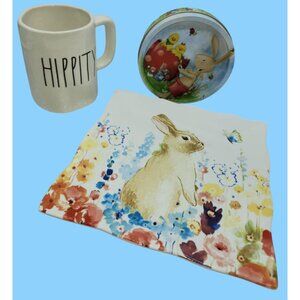 Rae Dunn Hippity Mug & 222 Fifth Flowered Bunny Plate Easter Tin (empty) Lot